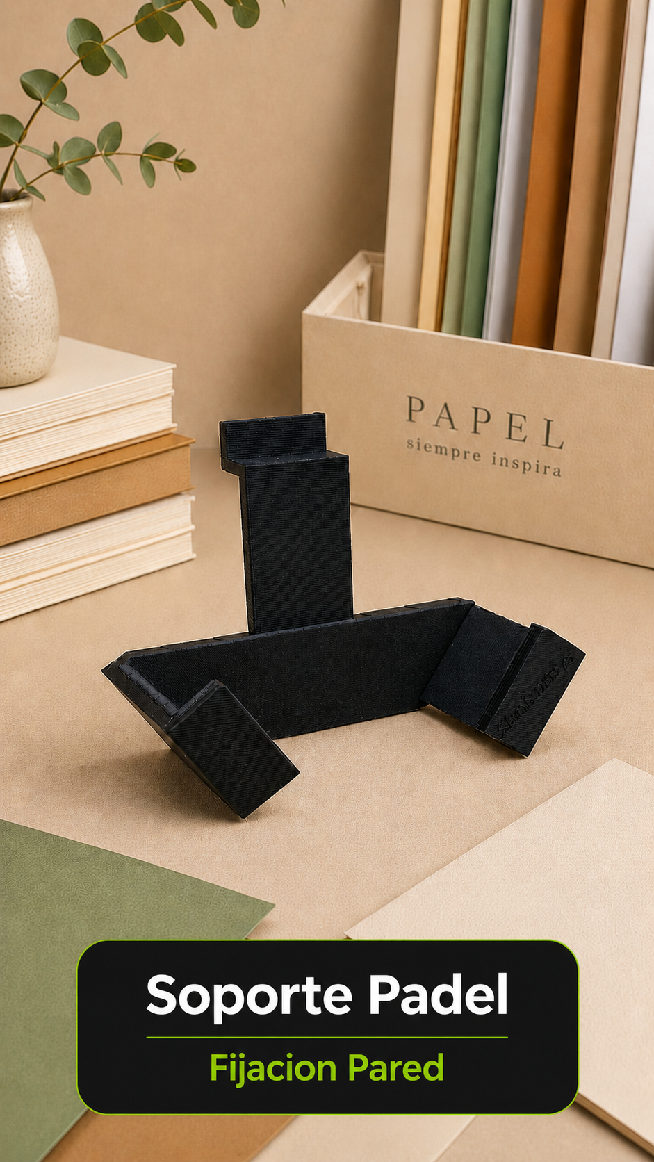 Soportes para palas de pádel con montaje en lama sobre fondo decorativo en tonos beige y verdes para exposición comercial